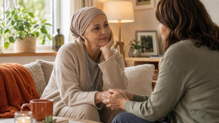 senhora com cancro a dar as mãos a uma amiga familiar