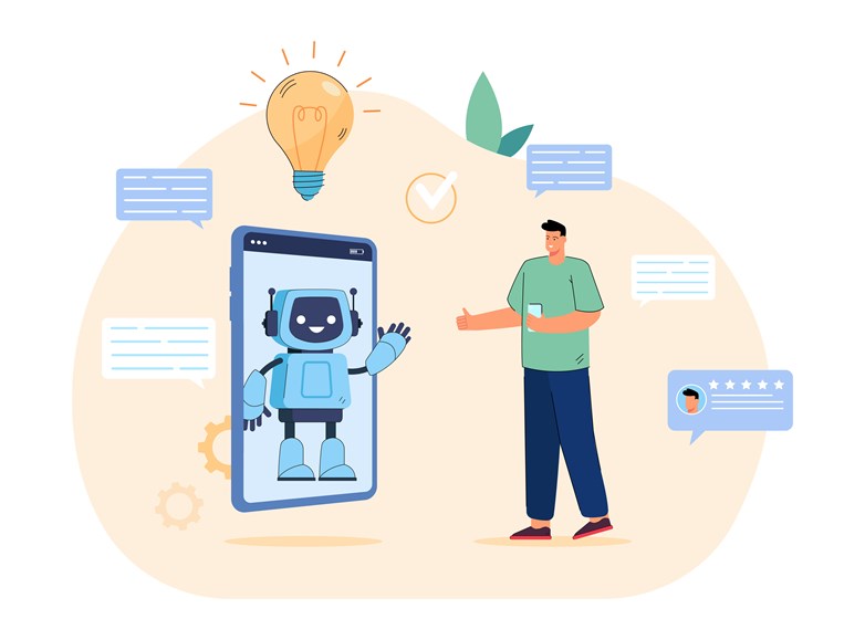Ilustração de um chatbot dentro de um smartphone a conversar e a dar uma sugestão ou ideia a um humano.