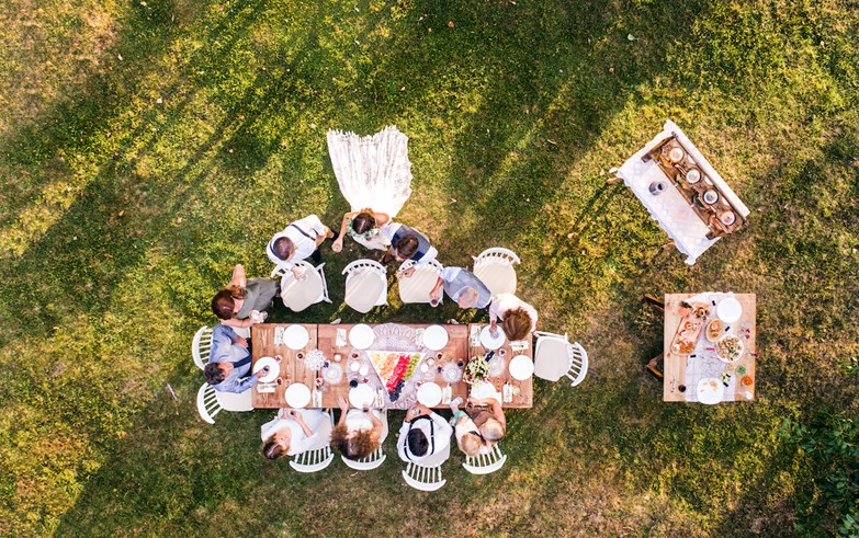 Vista aérea de um grupo de 12 pessoas a fazer um brinde aos noivos durante a festa de casamento num jardim no exterior.
