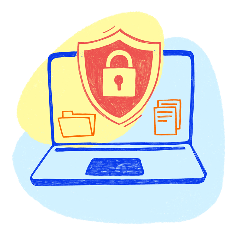 Ilustração de um computador portátil com um cadeado vermelho no centro a representar a importância de uma navegação segura na Internet.