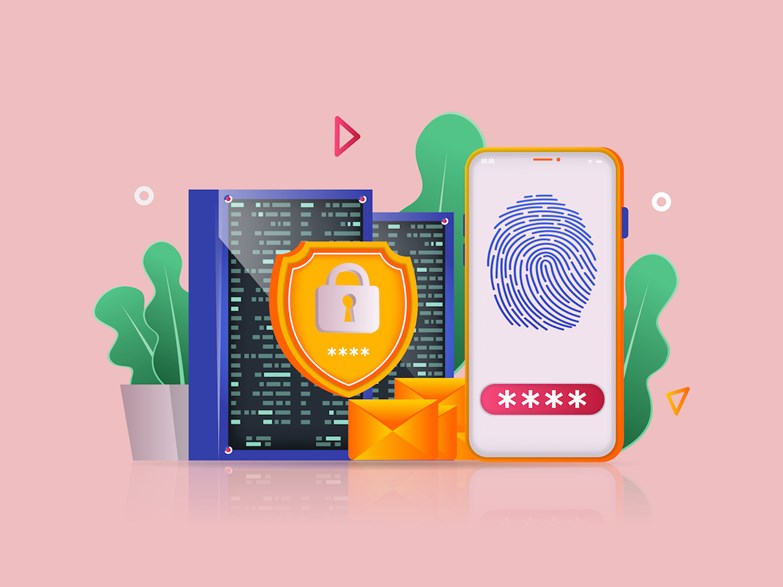 Ilustração de um tablet com um cadeado fechado e de um smartphone com uma impressão digital a simbolizar os métodos de segurança na Internet.